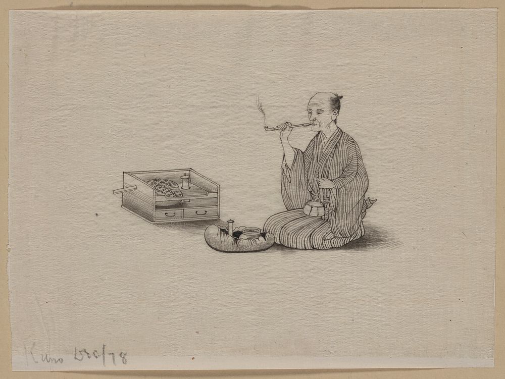 An elderly man, seated, smoking