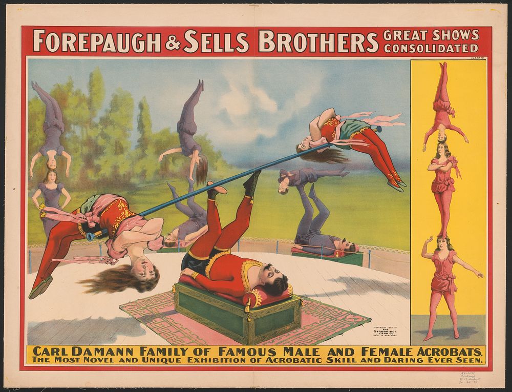 Forepaugh & Sells Brothers great shows consolidated. Carl Damann family of famous male and female acrobats...