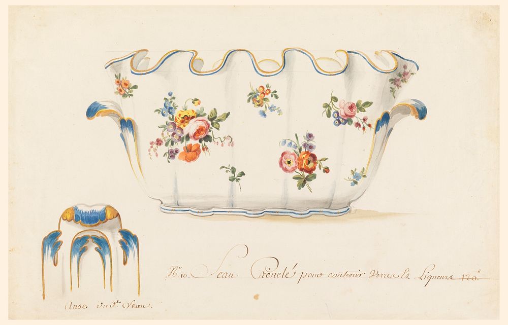 Design for a Painted Porcelain Cooler for Wine Bottle and Glasses