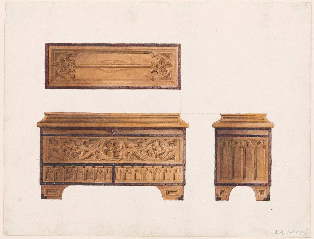 Design for a carved wood chest, Izabel M Coles