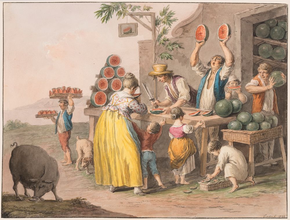 Water color; A Neapolitan watermelon shop, Saverio Della Gatta