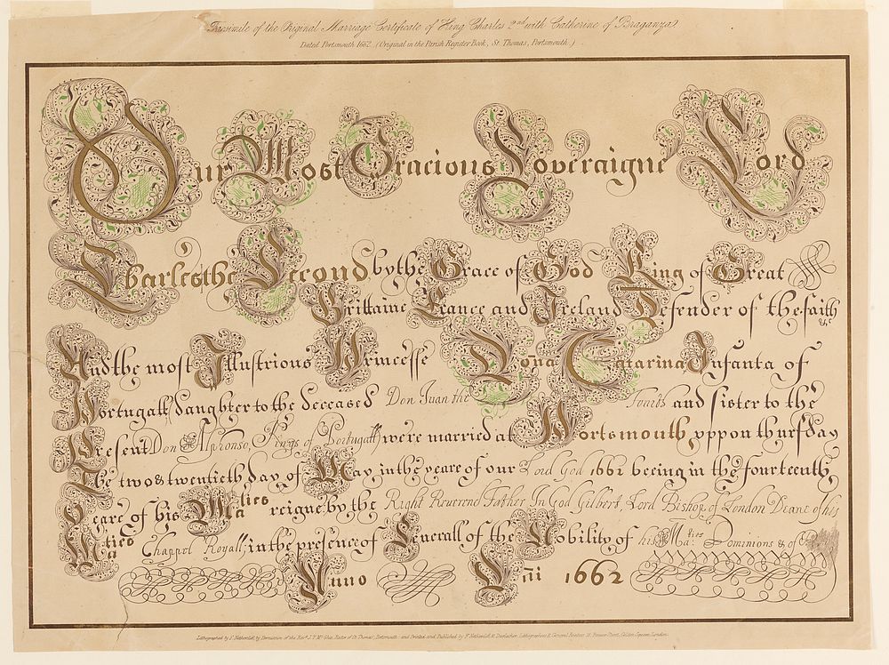 Facsimile of original marriage certificate of Charles II and Catherine of Portugal