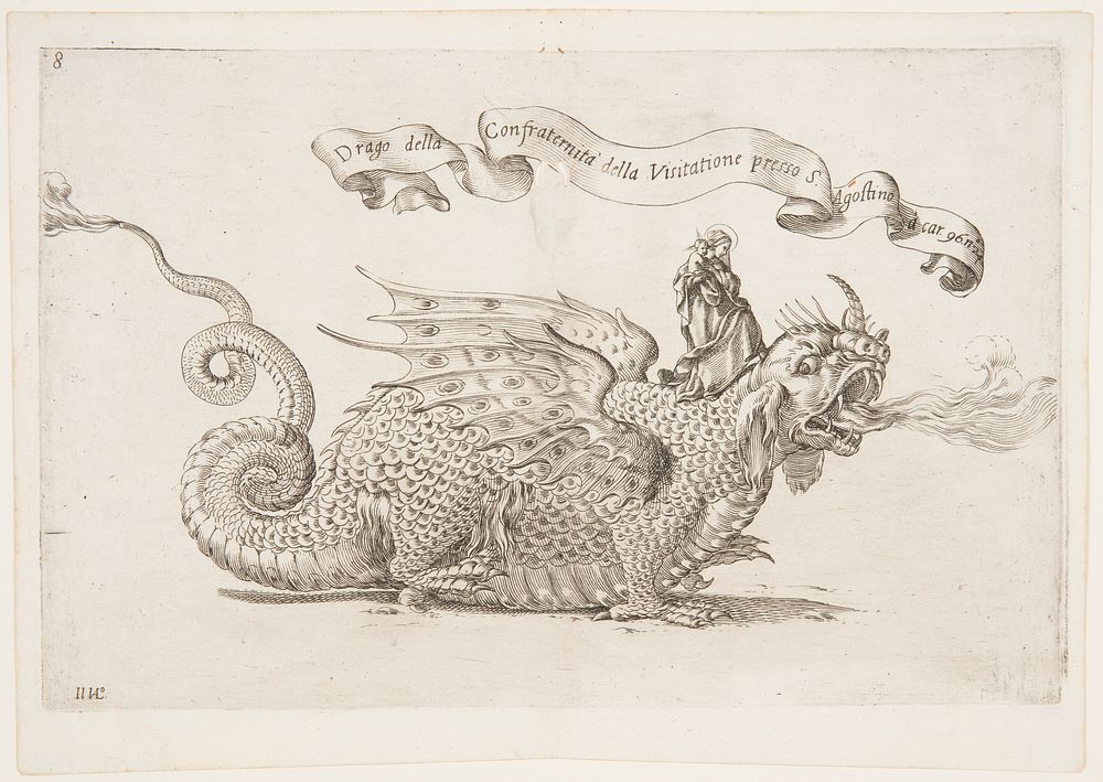 Parade Float with the Virgin and Child riding a Dragon, plate 8 from A. Isacchi, "Relatione di Alfonso Isachi intorno…