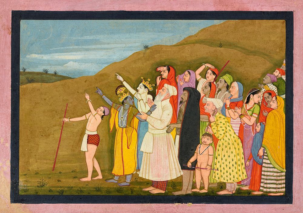 Krishna and his family admire a solar eclipse, perhaps a page from the “Kangra/Modi” Bhagavata Purana