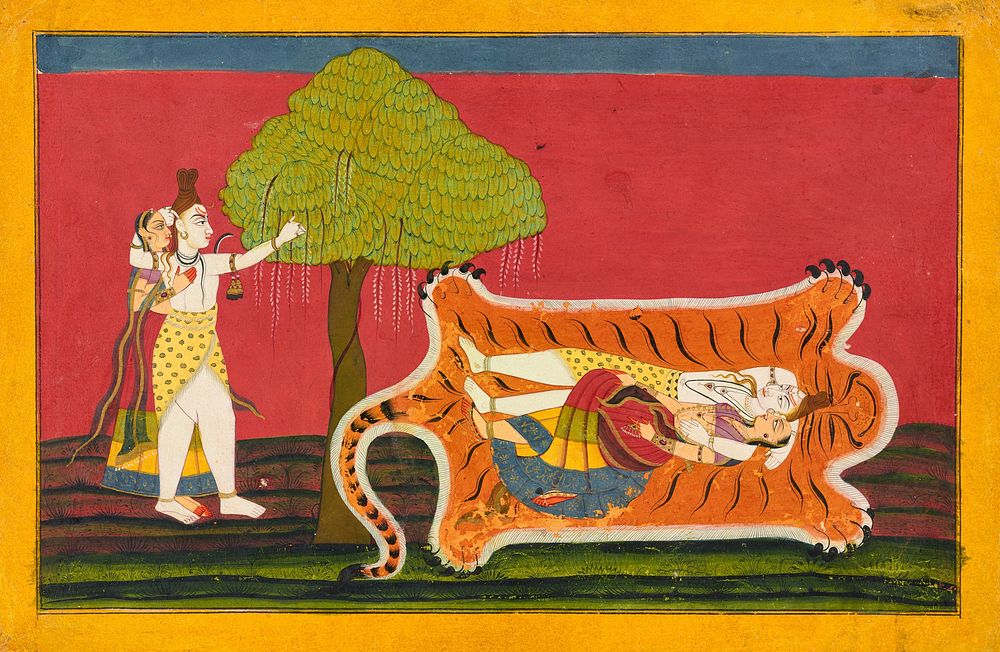 Shiva and Parvati on a tiger skin: Anakūl Nayaka folio from a Rasamanjari, Attributed To Golu