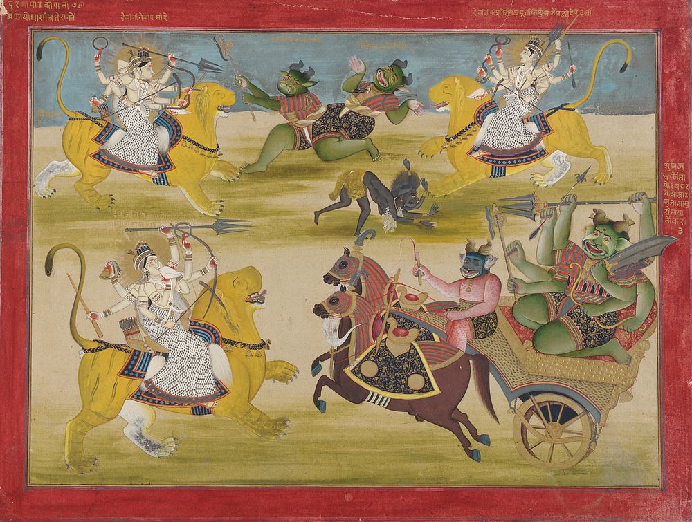 Durga fighting the rakshashas Shunga and Nishunga, from a Devi Mahatmya