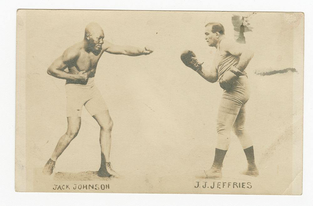 Photographic postcard with photos of Jack Johnson and James J. Jeffries, National Museum of African American History and…