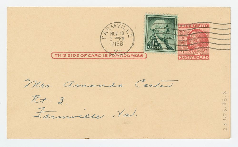 Postcard addressed to Amanda Carter, National Museum of African American History and Culture