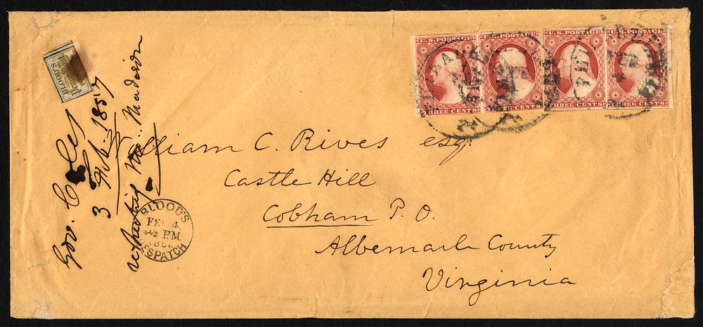 3c Washington quadruple rate with Blood's Penny Post carrier stamp on cover