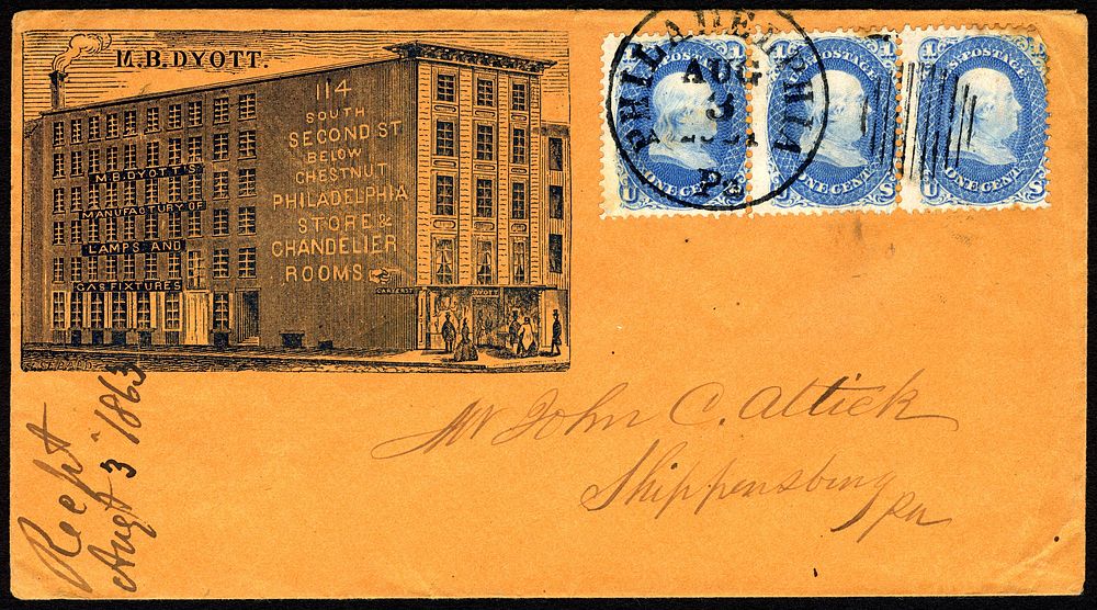 1c Franklin strip of three on cover