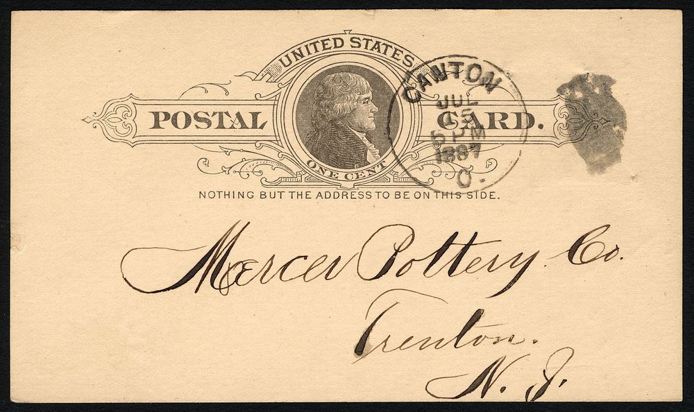 1c Thomas Jefferson with Canton, OH owl on postal card