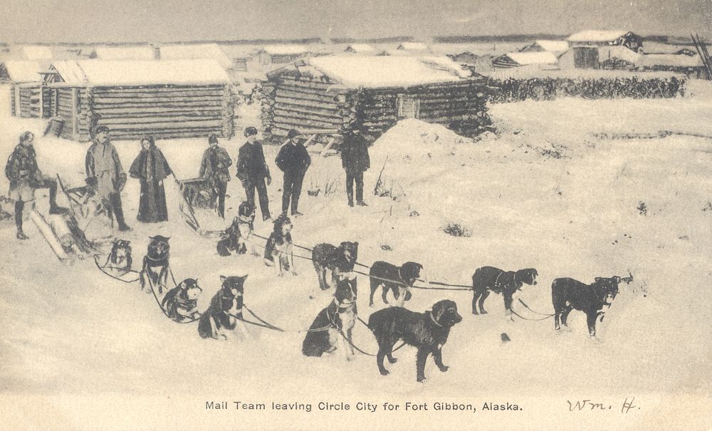 Photograph of postcard with mail team leaving Circle City for Ft. Gibson, Alaska