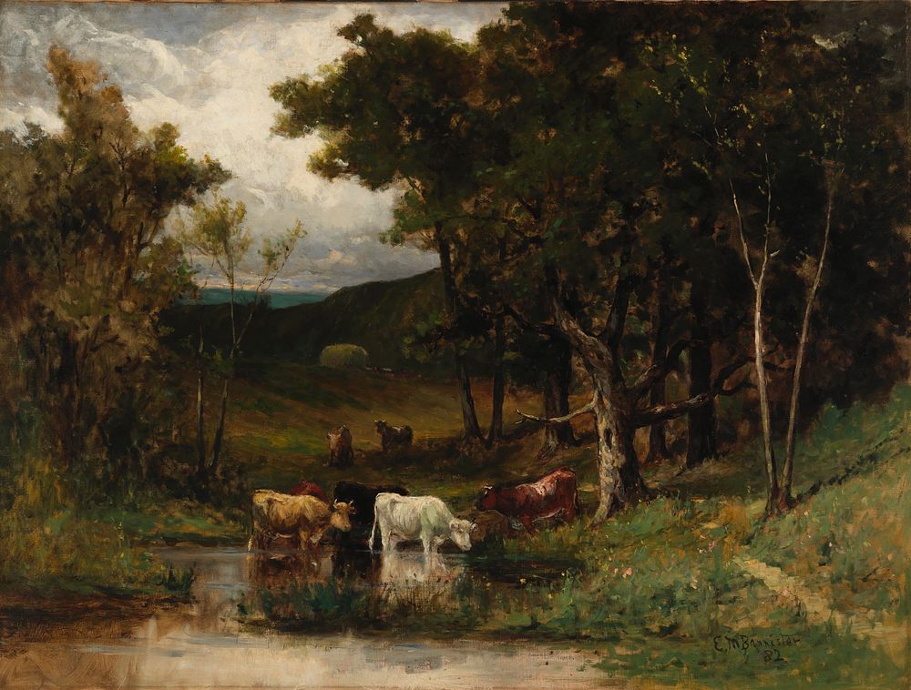 Untitled (landscape with cows in stream near trees), Edward Mitchell Bannister