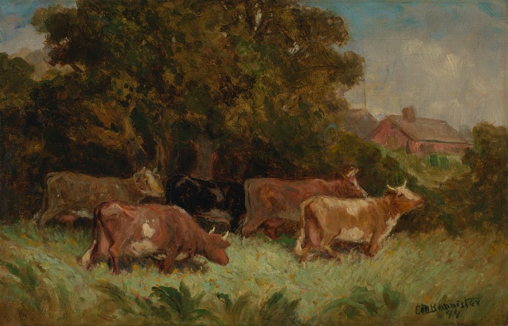 Untitled (five cows in pasture, rooftop in background), Edward Mitchell Bannister