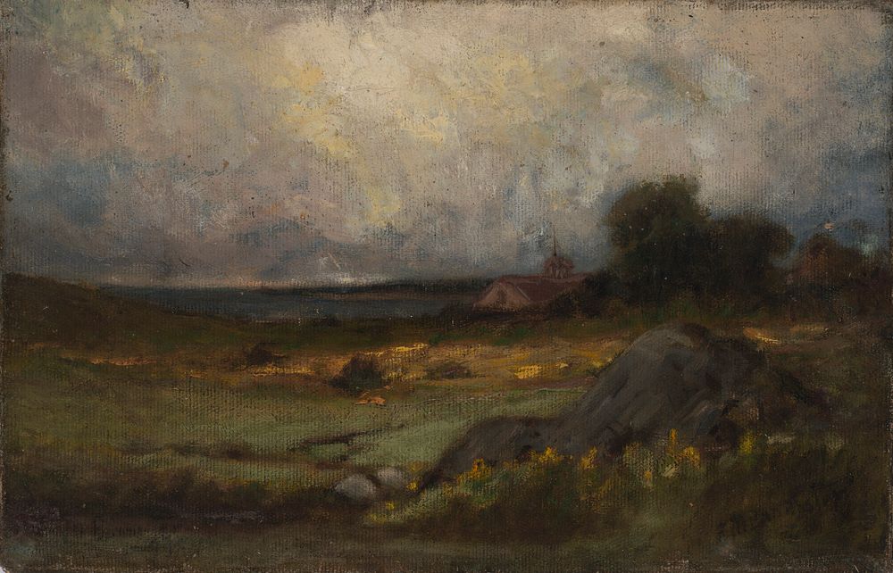 Untitled (landscape with rock in foreground and roof with steeple, lake in background), Edward Mitchell Bannister