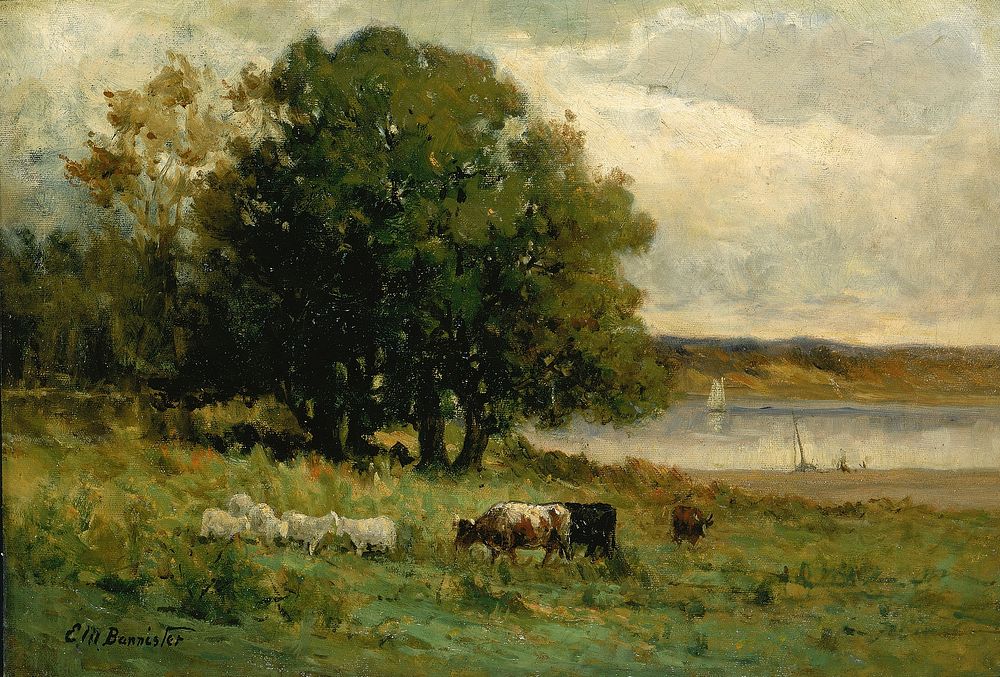 Untitled (cattle near river with sailboat in distance), Edward Mitchell Bannister