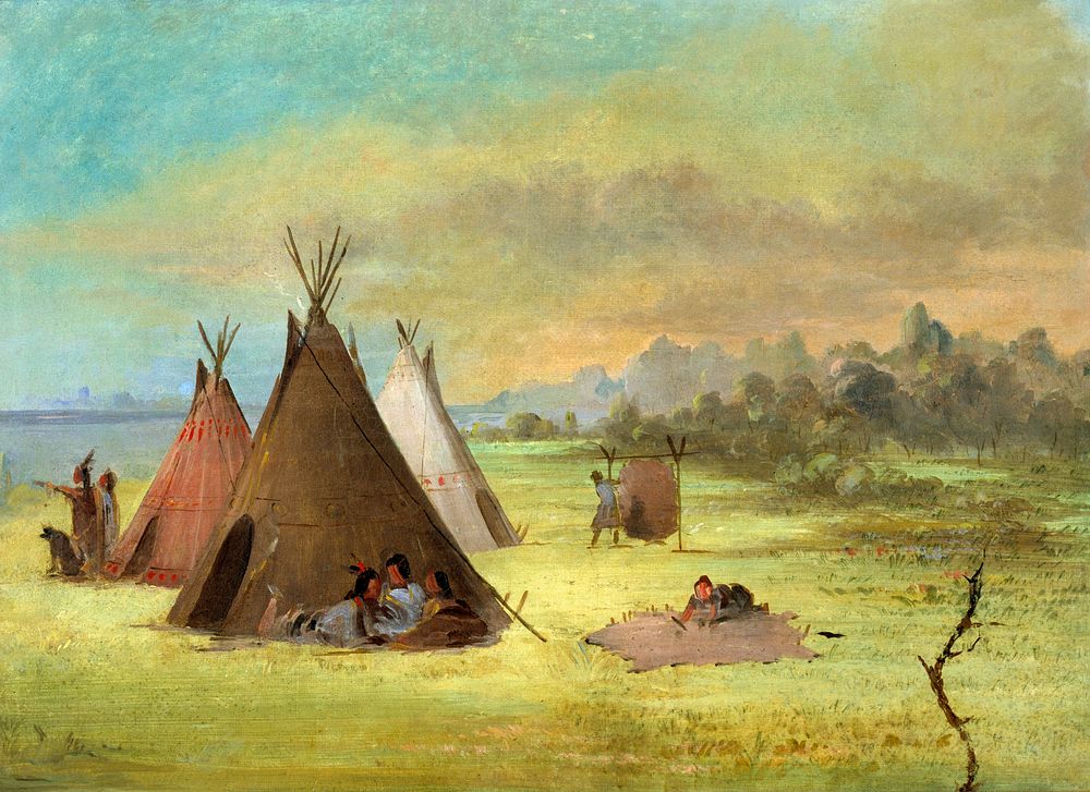Indian Encampment, Comanche (or Kiowa) Dressing Skins, Red River by George Catlin