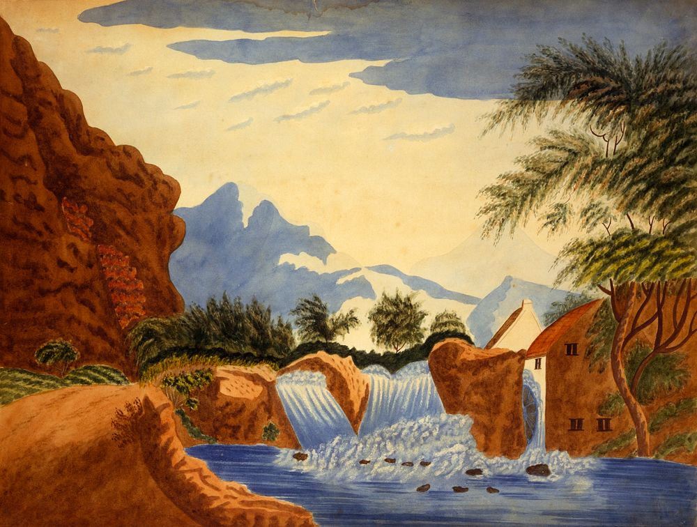 Mountain Scene and Waterwheel