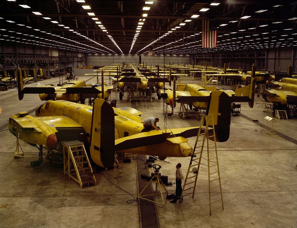 Assembling the North American B-25 Mitchell at Kansas City, Kansas (USA).Reproduction digitized from original 4x5 color…