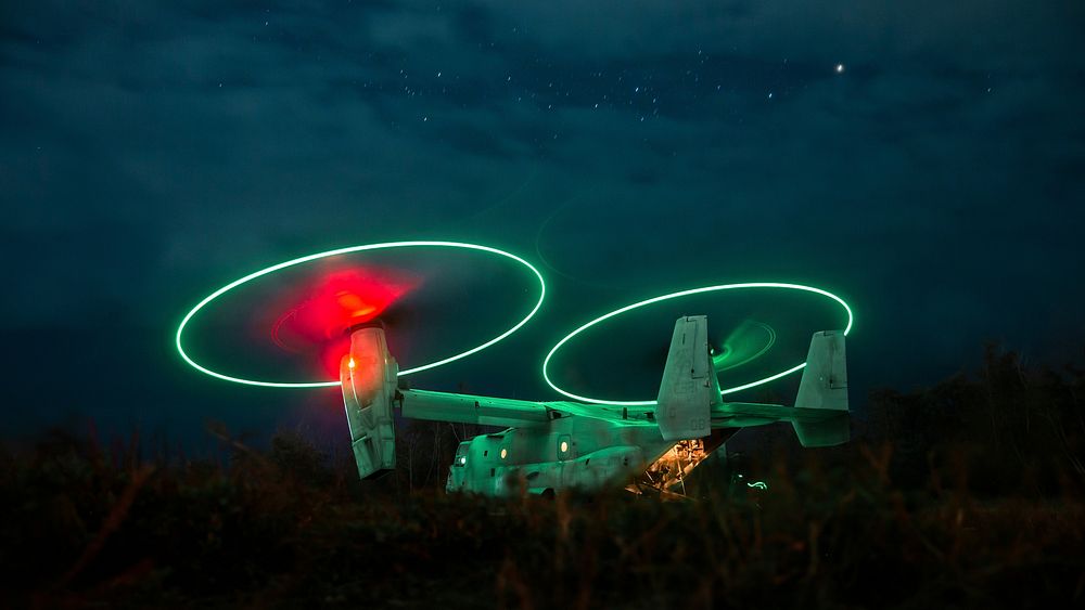 U.S. Service Members with 3d Battalion, 3d Marines and 2nd Squadron, 14th Cavalry Regiment, embark an MV-22 Osprey with…