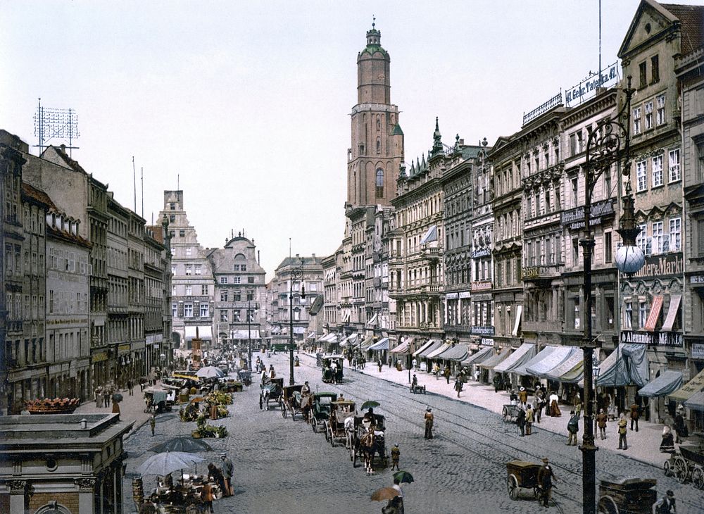 Market Square in Breslau, Germany (now Wrocław, Poland) ca. 1890-1900. View from the East.