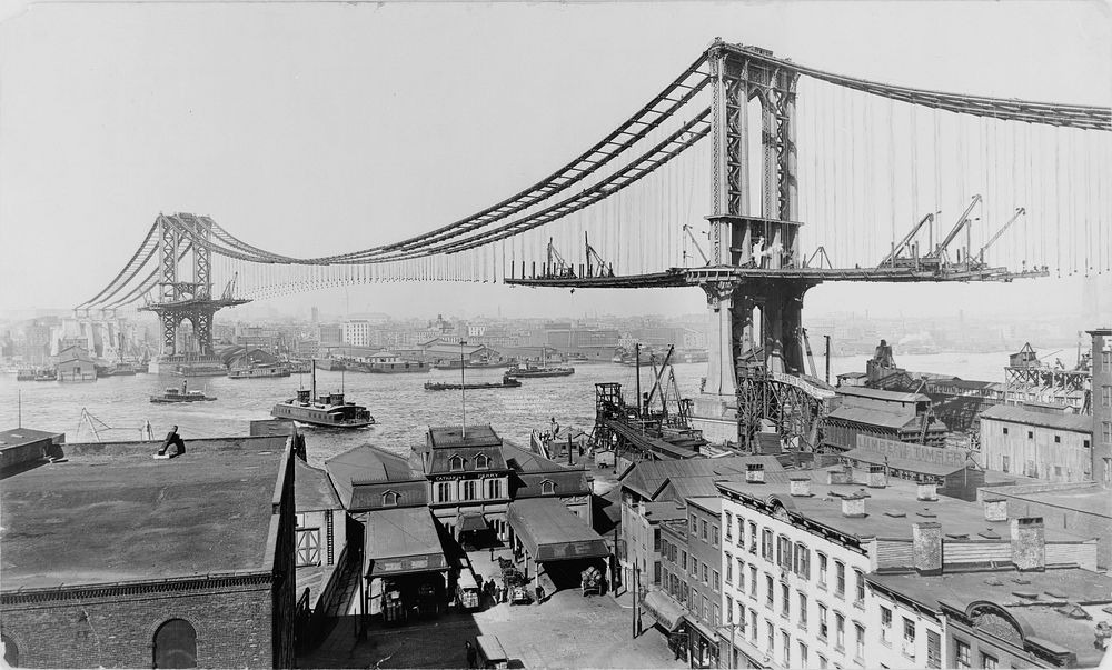 Manhattan Bridge, made March 23rd, 1909. Marine terminal at Main and Plymouth Streets in foreground; bridge under…