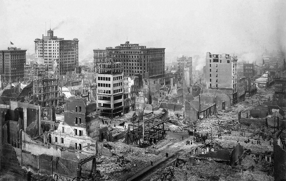 San Francisco Earthquake of 1906: Ruins in vicinity of Post and Grant Avenue. Looking northeast.