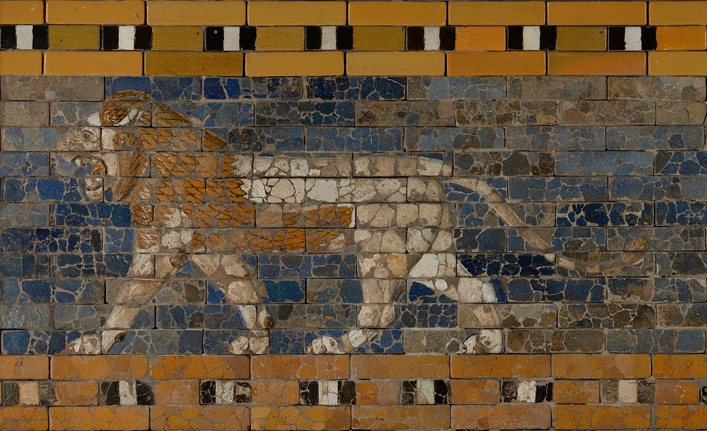 Image of a lion made of clay bricks.