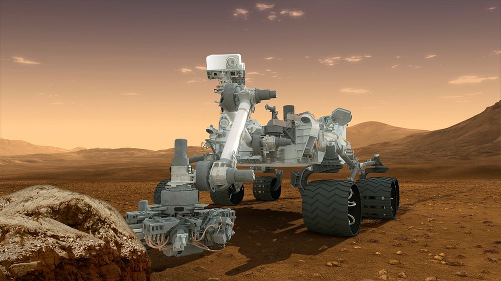 This artist's concept features NASA's Mars Science Laboratory Curiosity rover, a mobile robot for investigating Mars' past…