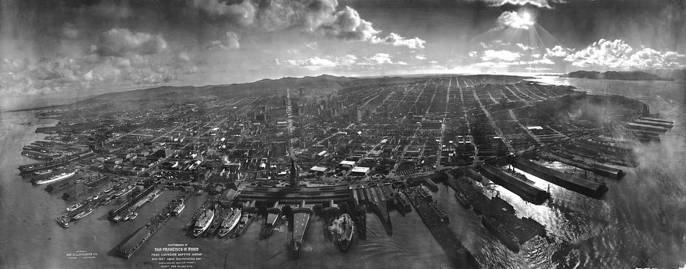 on May 28, 1906, about six weeks after the 1906 San Francisco earthquake and fire. It was taken from a camera suspended on a…