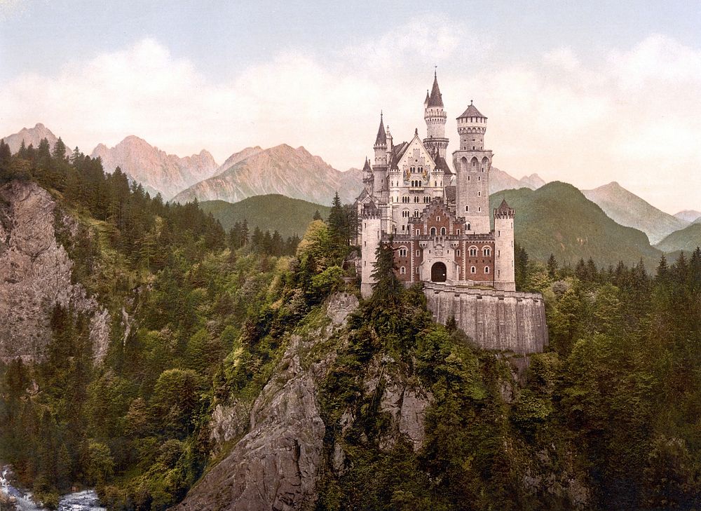 Photochrom print of the front of Neuschwanstein Castle, Bavaria, Germany, taken as few as ten years after the completion of…