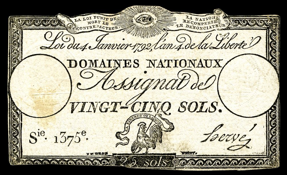 Early French banknote issue by Domaines Nationaux - Assignat for 25 Sols, 1792 First Issue (Pick ref# A55).