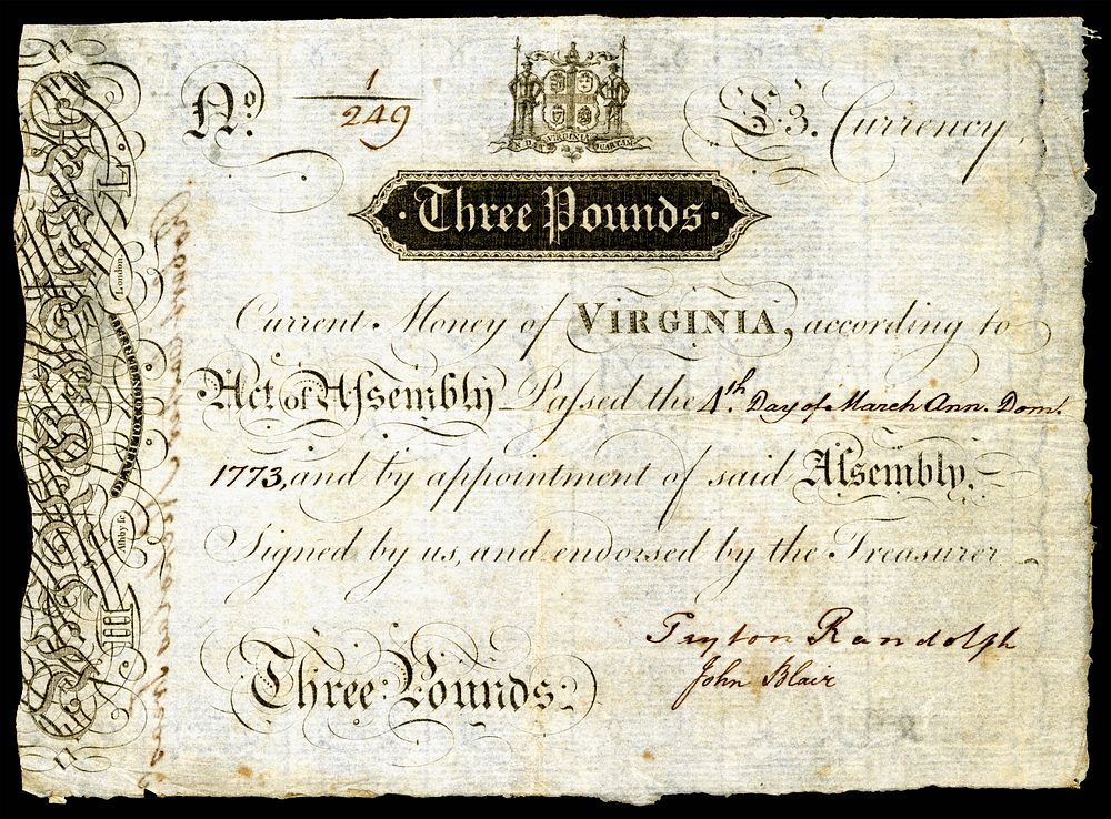 £3 Colonial currency from the Colony of Virginia. Signed by Peyton Randolph and John Blair, Jr..(Friedberg Colonial ref# VA…