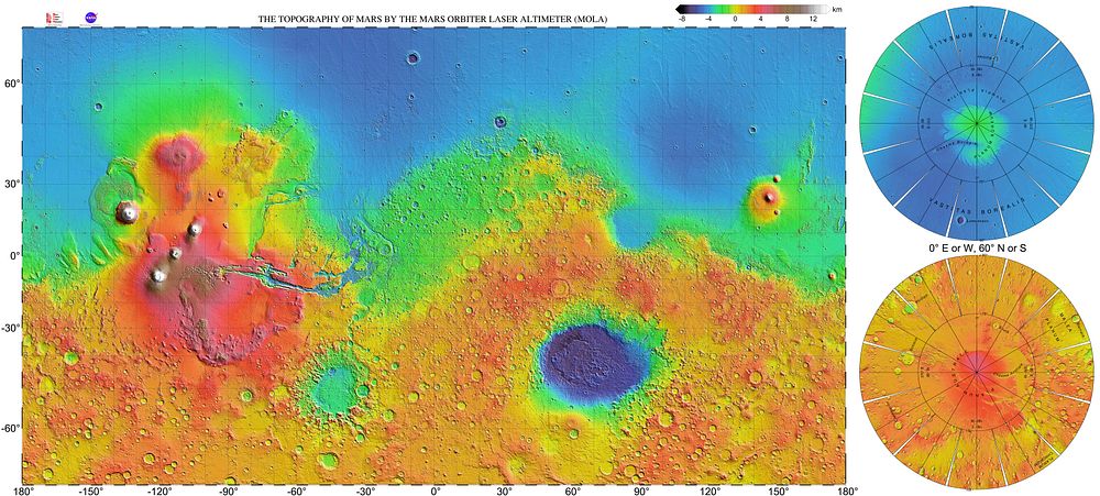 Very high resolution topographic shaded relief map of Mars, based on the Mars Orbiter Laser Altimeter (MOLA) data set from…
