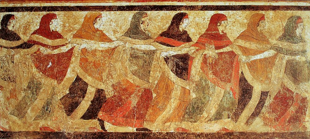 Fresco of dancing Peucetian women from the Tomb of the Dancers in the Corso Cotugno necropolis of Ruvo di Puglia.