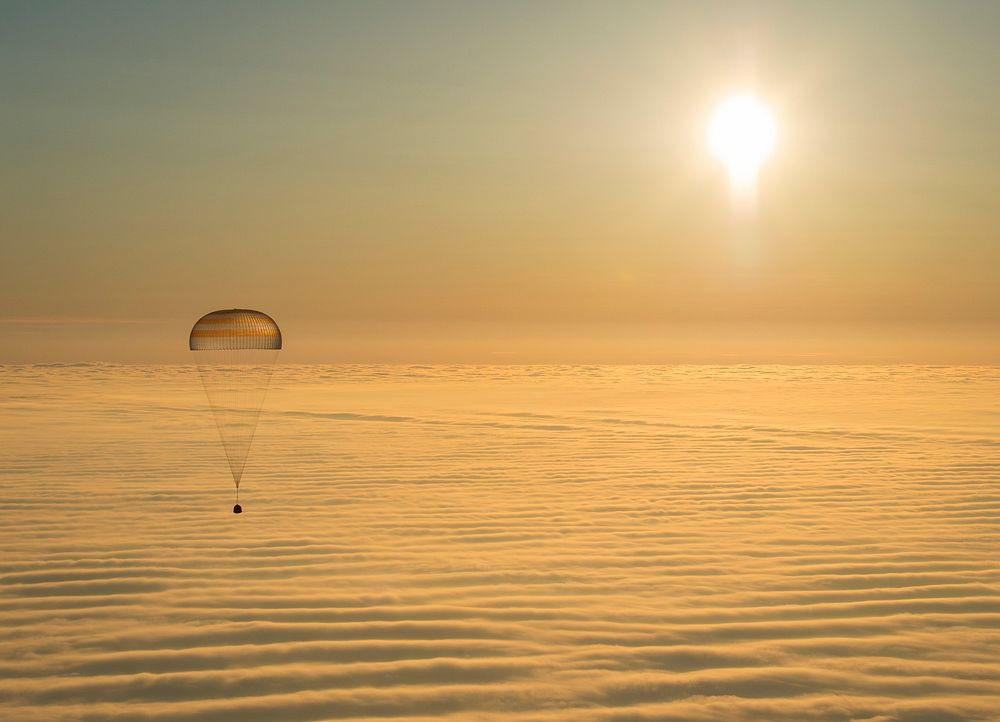 On March 12, 2015, shortly after local sunrise over central Asia, this Soyuz TMA-14M spacecraft floated over a sea of golden…