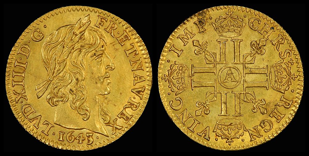 Half Louis d'Or (1643), depicting Louis XIII of France. This coin has a size of 20 mm and a weight of 3.34 g.