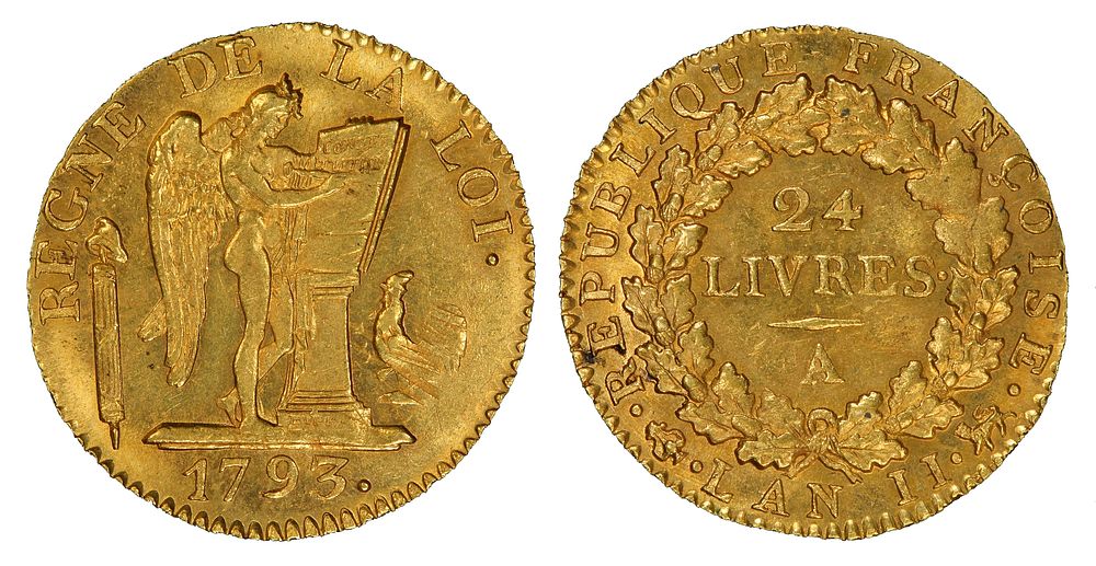 French First Republic (Lille Mint), 24 livres, gold (1793). "Winged genius" designed by Augustin Dupré is on the obverse.