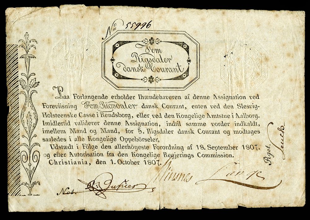 Kingdom of Norway, Regerings Kommission, 5 Rigsdaler Courant (1807). Norway circulated one issue of paper currency in 1695…