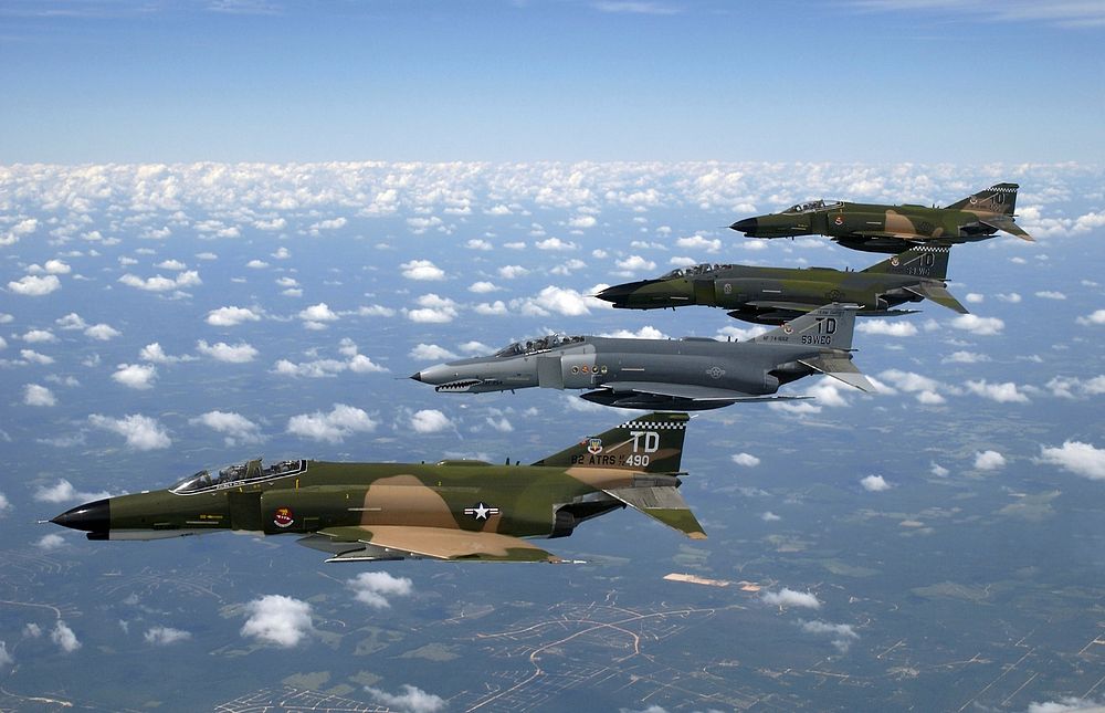 OVER FLORIDA -- A formation of F-4 Phantom II fighter aircraft fly in formation during a heritage flight demonstration here.…