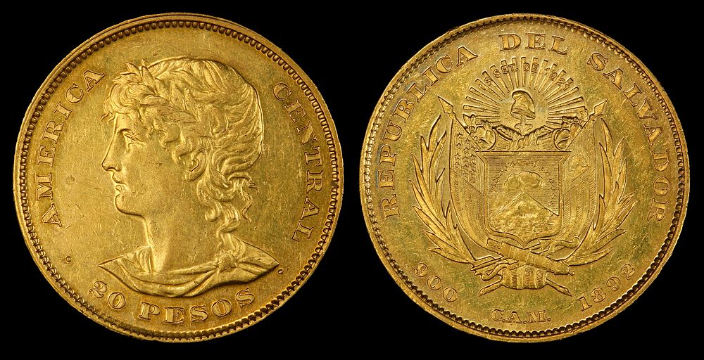 El Salvador 1892 20 pesos, first year of issue for gold coinage.