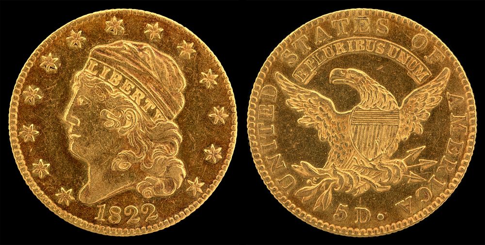 1822 G$5 Capped Head (large diameter)Gold (fineness 0.9160), 25mm, 8.75g, designed by ReichJN2015-5467-68