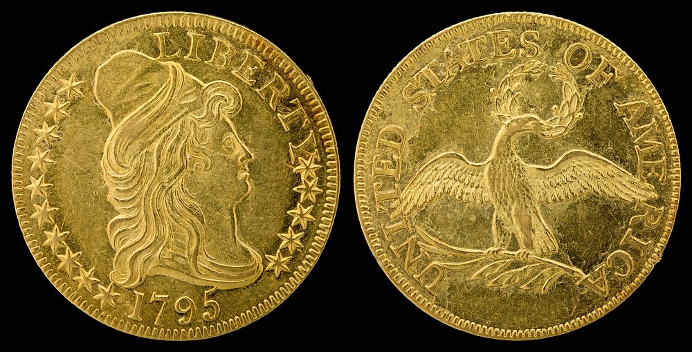 1795 G$5 Turban Head (or Capped Bust) (small eagle)Gold (fineness 0.9160), 25mm, 8.75g, designed by Robert ScotJN2015-6732-33
