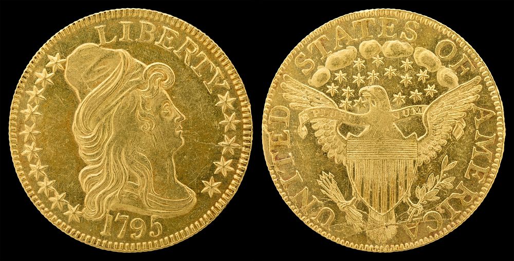 1795 G$5 Turban Head (or Capped Bust) (heraldic eagle)Gold (fineness 0.9160), 25mm, 8.75g, designed by Robert ScotJN2015…