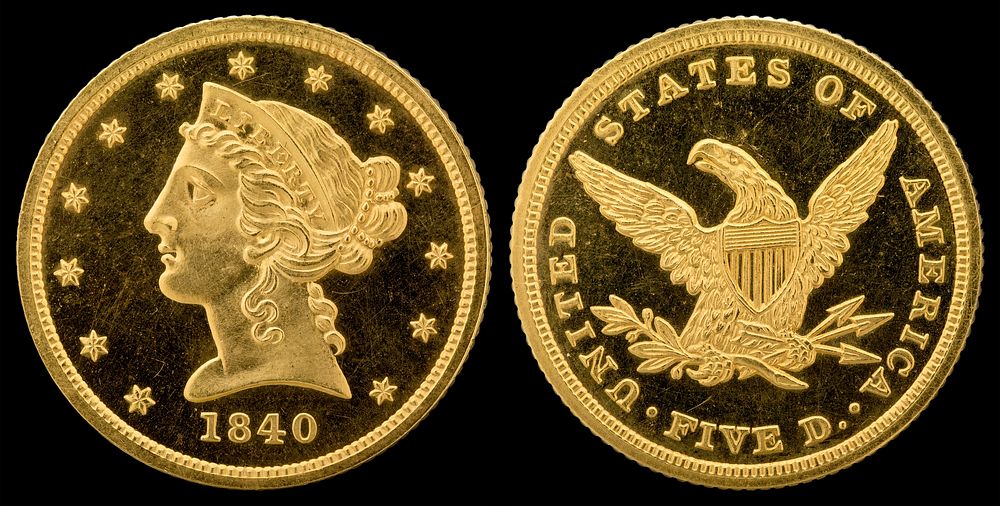 1840 G$5 Liberty (or Coronet) Head (no motto)Gold (fineness 0.8990), 21.6mm, 8.359g, designed by Christian GobrechtJN2015…