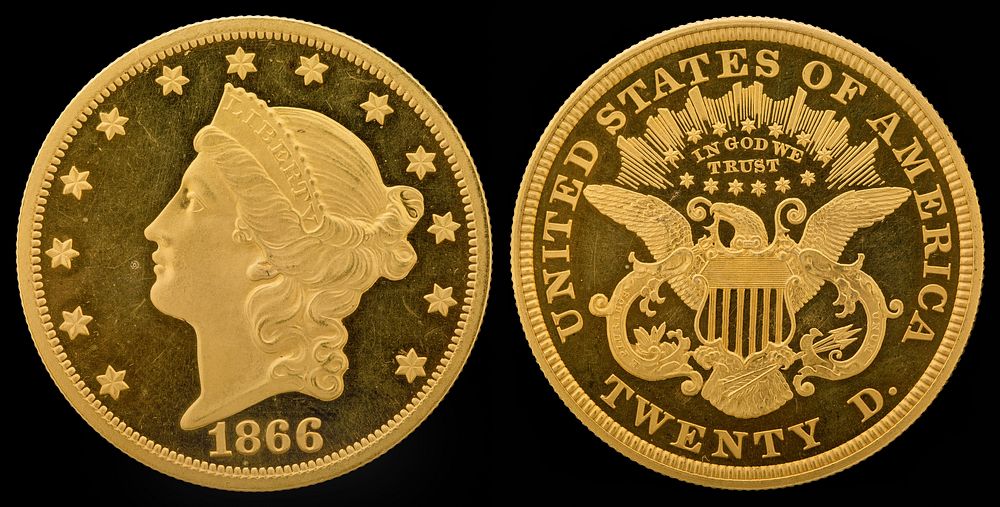 1866 G$20 Liberty Head (motto)Gold (fineness 0.9000), 34mm, 33.436g, designed by James B. LongacreJN2015-6762-63