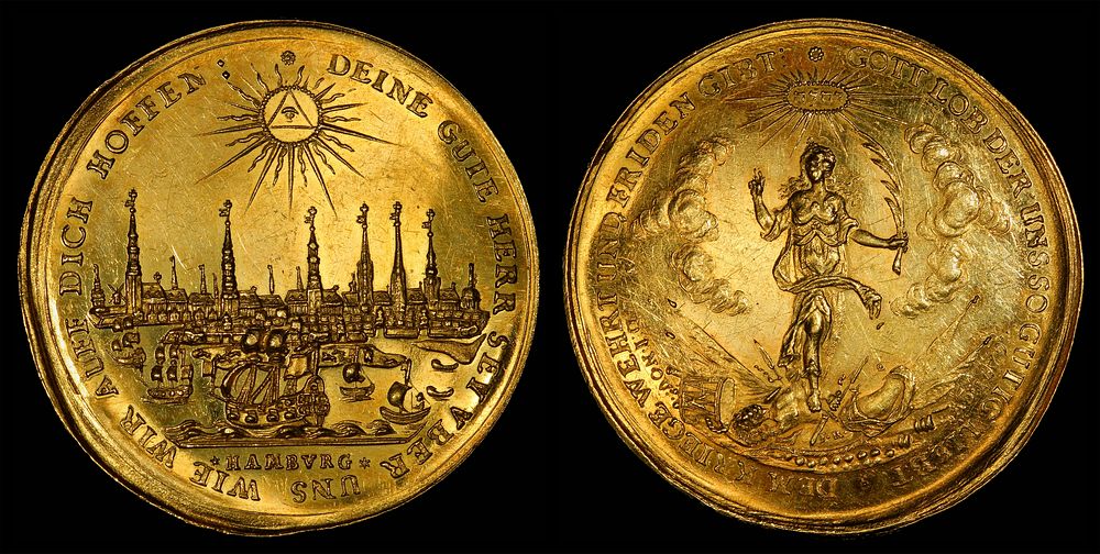 Free imperial city of Hamburg (Holy Roman Empire), half-portugalöser (1679).[1] Equivalent to five ducats. Engraved by…
