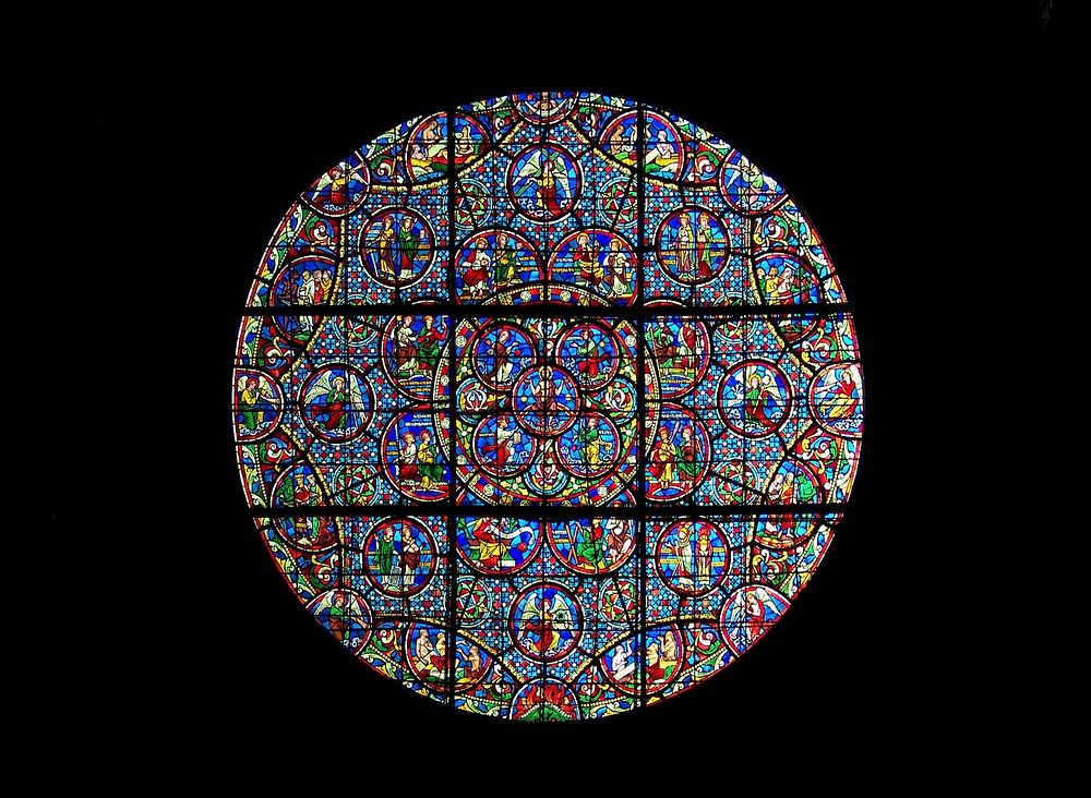 Southern rose window (figuring the Last Judgment) of the church Notre-Dame in Dijon. Realized by Édouard Didron between 1874…