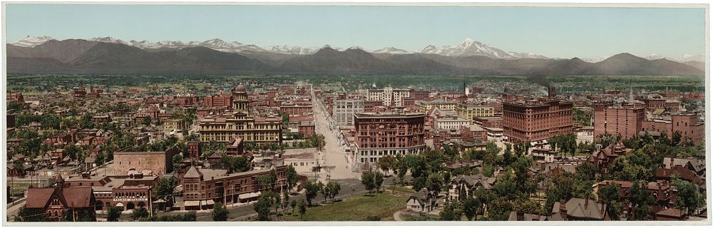 Denver, Colorado, circa 1898. View from the top of the Colorado State Capitol, facing northwest looking down 16th St. The…