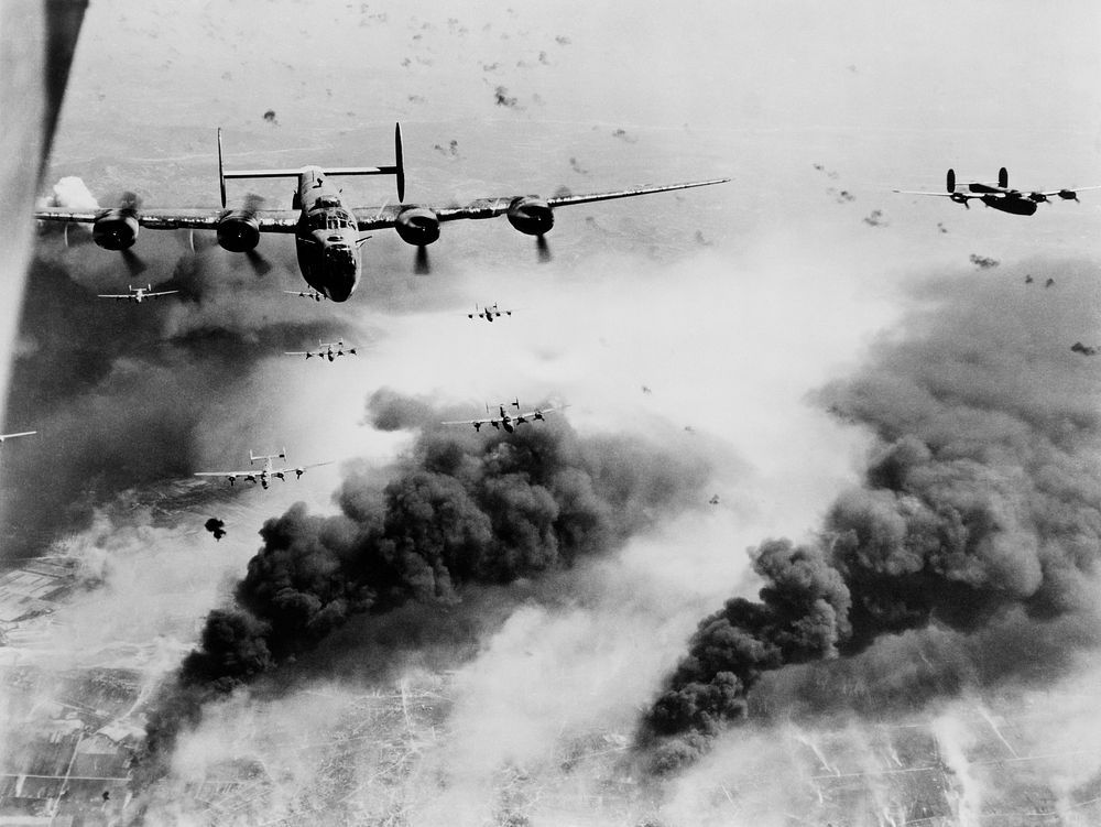 B-24 Liberator Through flak and over the destruction created by preceding waves of bombers, these 15th Air Force B-24s leave…
